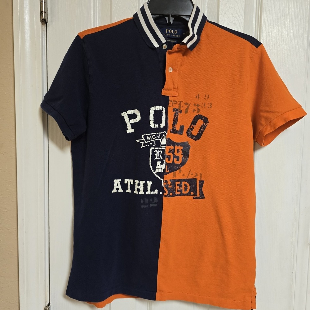 Polo Ralph Lauren Men's Polo Shirt Medium Slim Fit Split Blue Orange Big Logo
